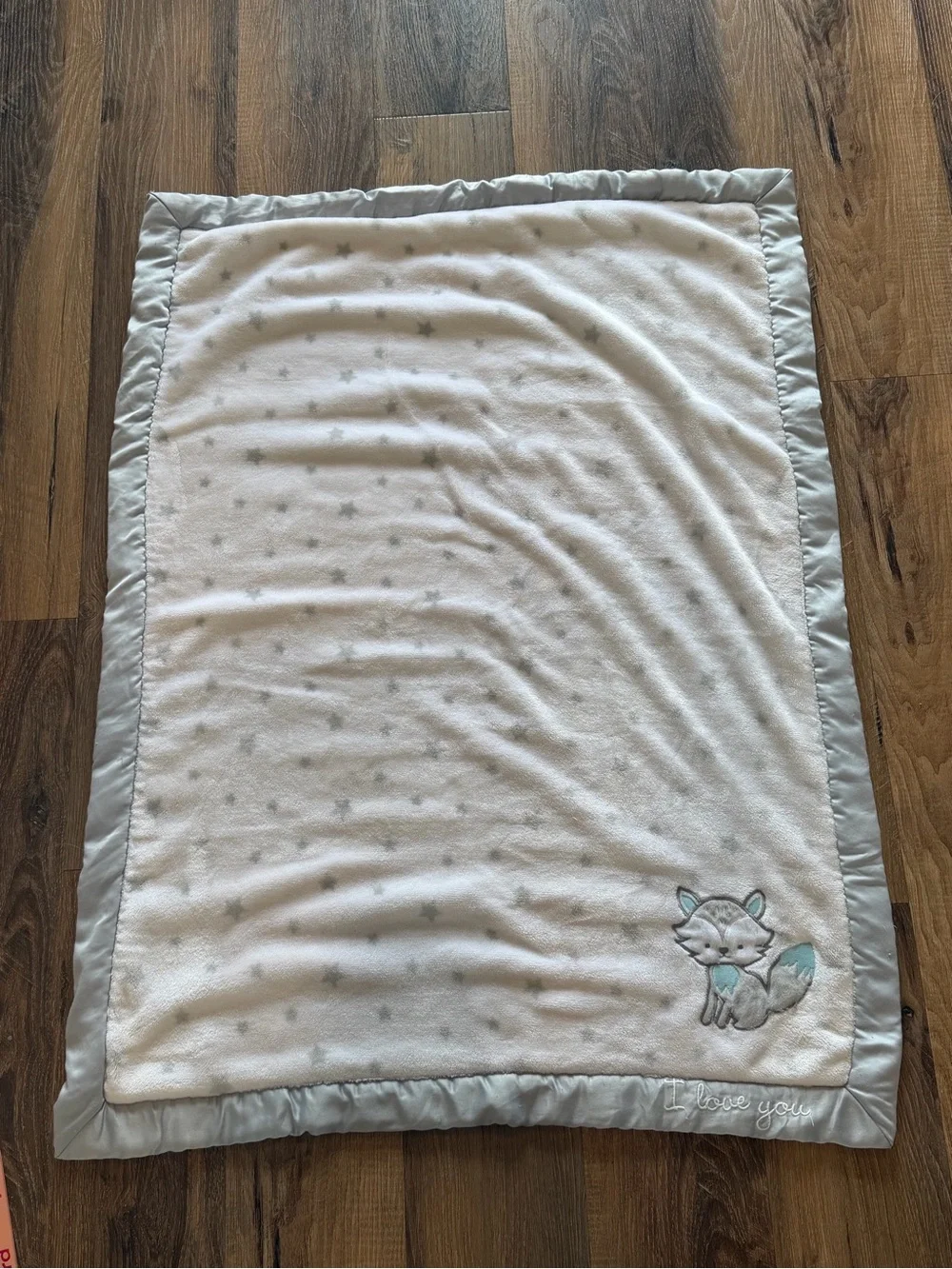 Wendy Bellissimo Gray stars blue Baby Blanket with Fox Embroidery - I Love You